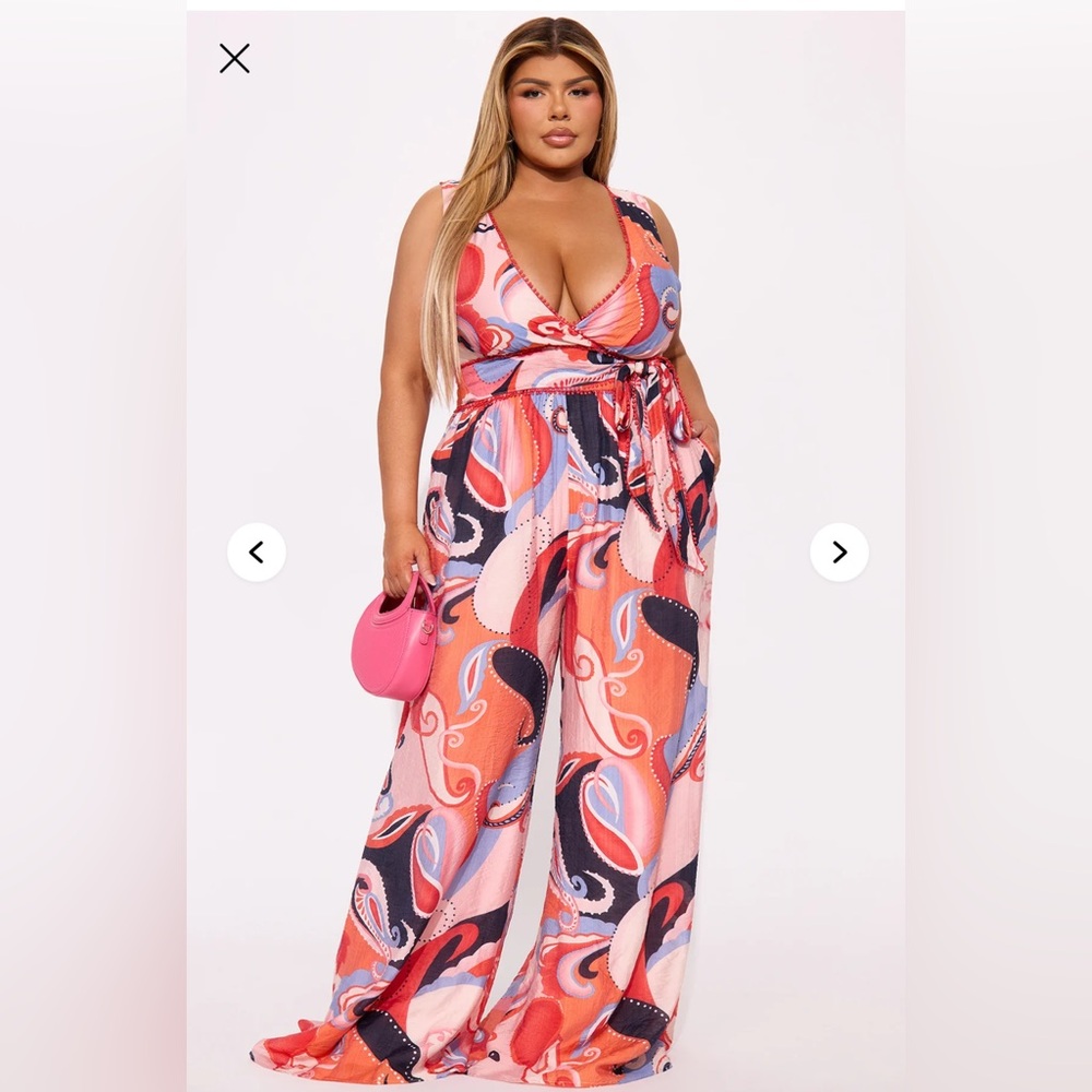 Fashion Nova Pink & Coral Printed Sleeveless Wrap Jumpsuit